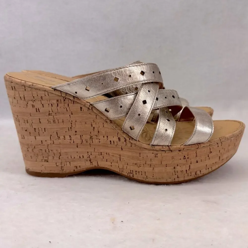 EUC Born Cork Wedges Sandals Leather Pewter size 12 4.5” Heels Strappy